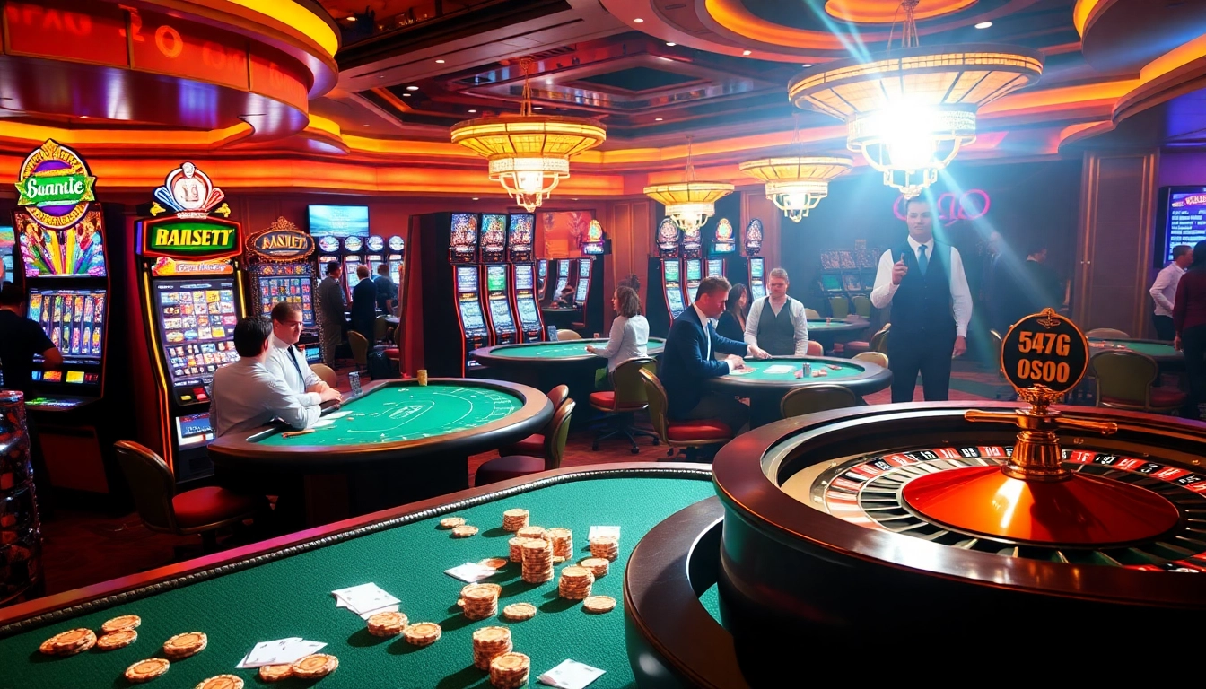 Players enjoying thrilling games at a casino, showcasing 5z7776 com excitement with vibrant slot machines and poker action.