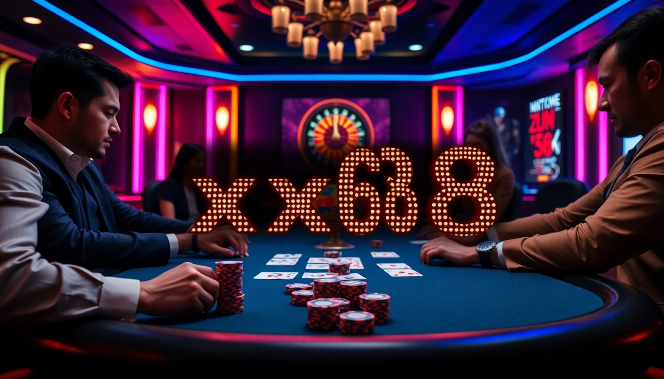 Engaged players at a luxurious poker table, embodying the excitement of gambling with xx88.