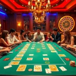 Engage in רמיקוב אונליין at a luxurious casino table surrounded by players and vibrant tiles.