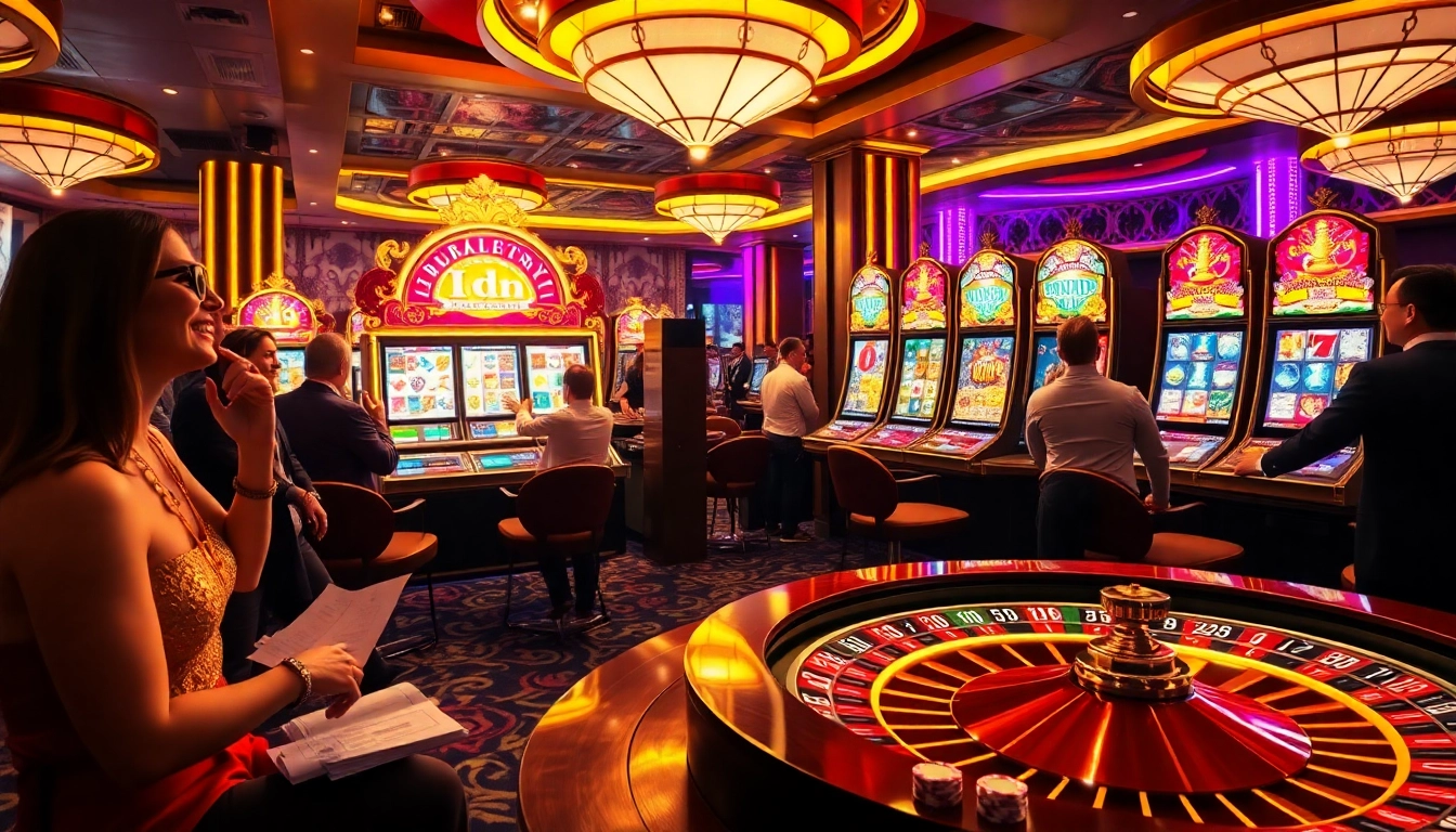 Players enjoying thrilling idn slot games at a luxurious casino, celebrating wins with excitement.