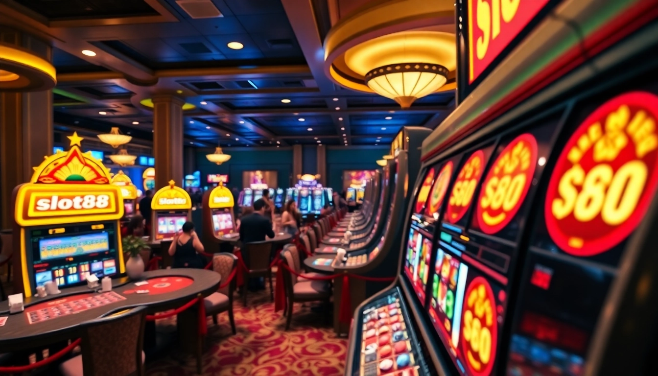Excited players engaging with slot machines marked with slot88, creating a vibrant casino atmosphere.