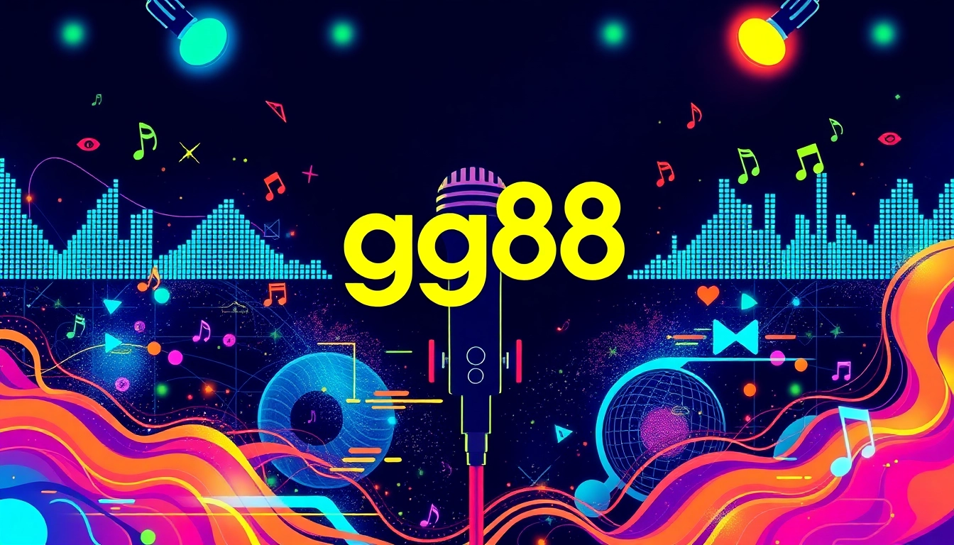 Promotional graphic for gg88 featuring vibrant colors and music elements.