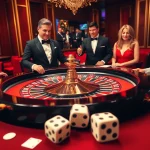 Experience the thrill of luck8 at an elegant casino roulette table with players celebrating wins.