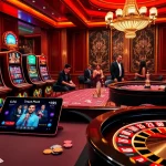 Players engaging at thabet77org's glamourous casino tables with vibrant slot machines and roulette.