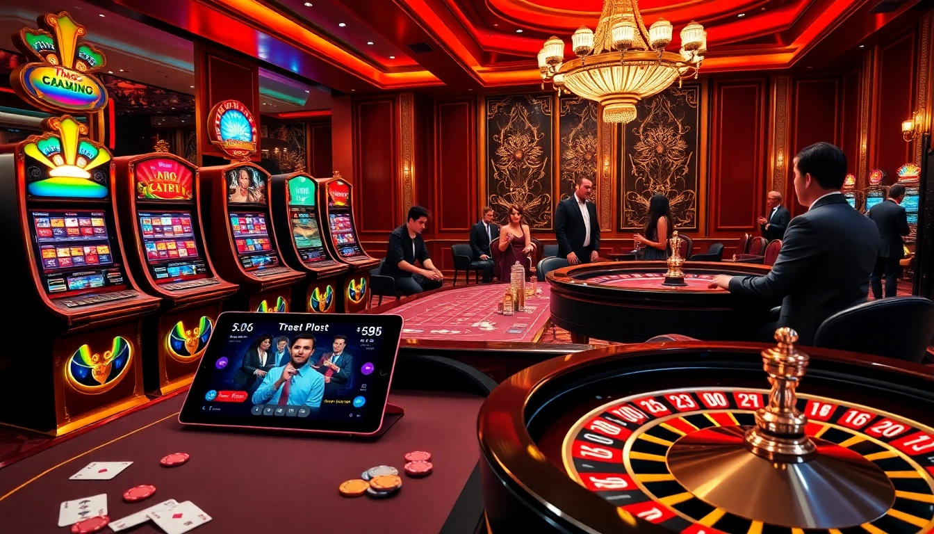 Players engaging at thabet77org's glamourous casino tables with vibrant slot machines and roulette.