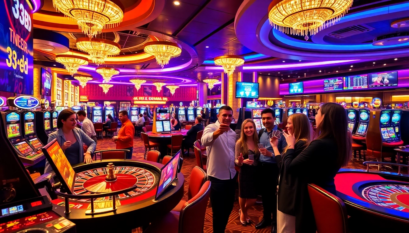 Thrilled players enjoy their winnings at the luxurious environment of https://33bd.io/ casino, featuring vibrant games and betting tables.