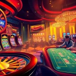 Exciting gaming atmosphere of Onicplay login with vibrant slot machines and poker tables.