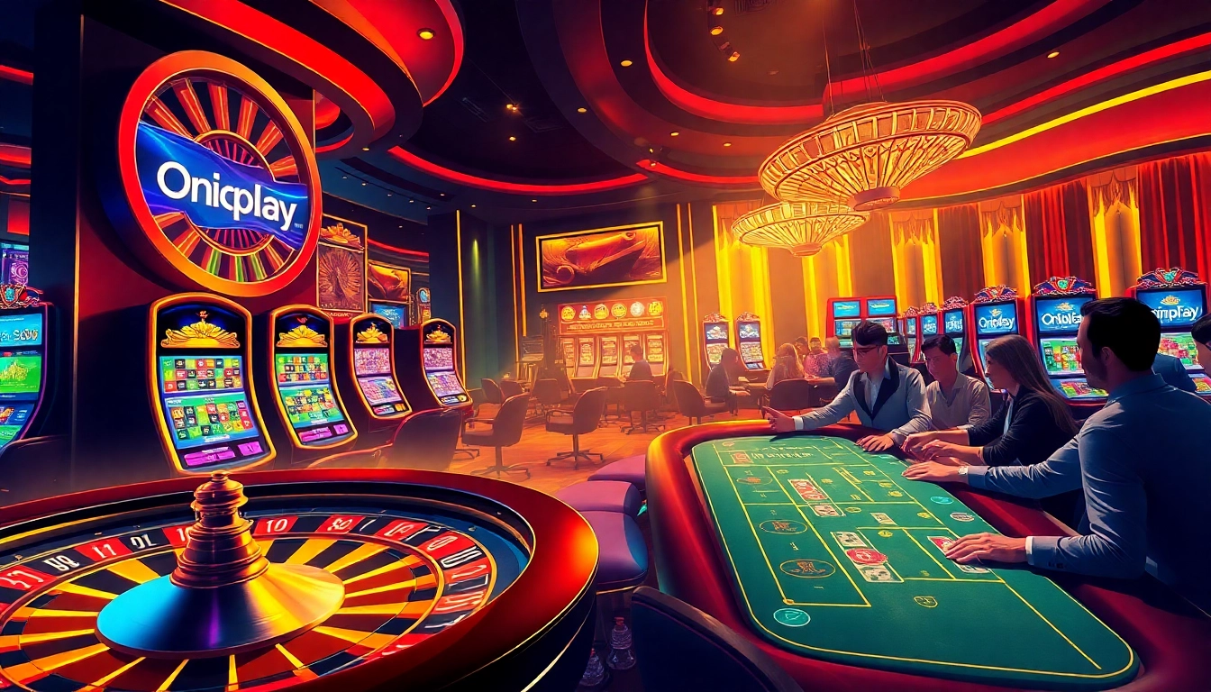 Exciting gaming atmosphere of Onicplay login with vibrant slot machines and poker tables.