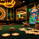 Engage with phsky's vibrant online casino experience featuring glowing chips, cards, and a roulette wheel.
