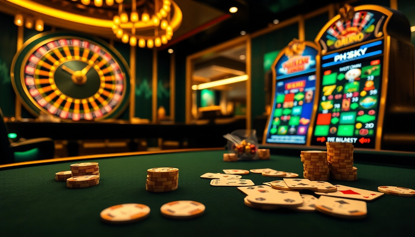 Engage with phsky's vibrant online casino experience featuring glowing chips, cards, and a roulette wheel.