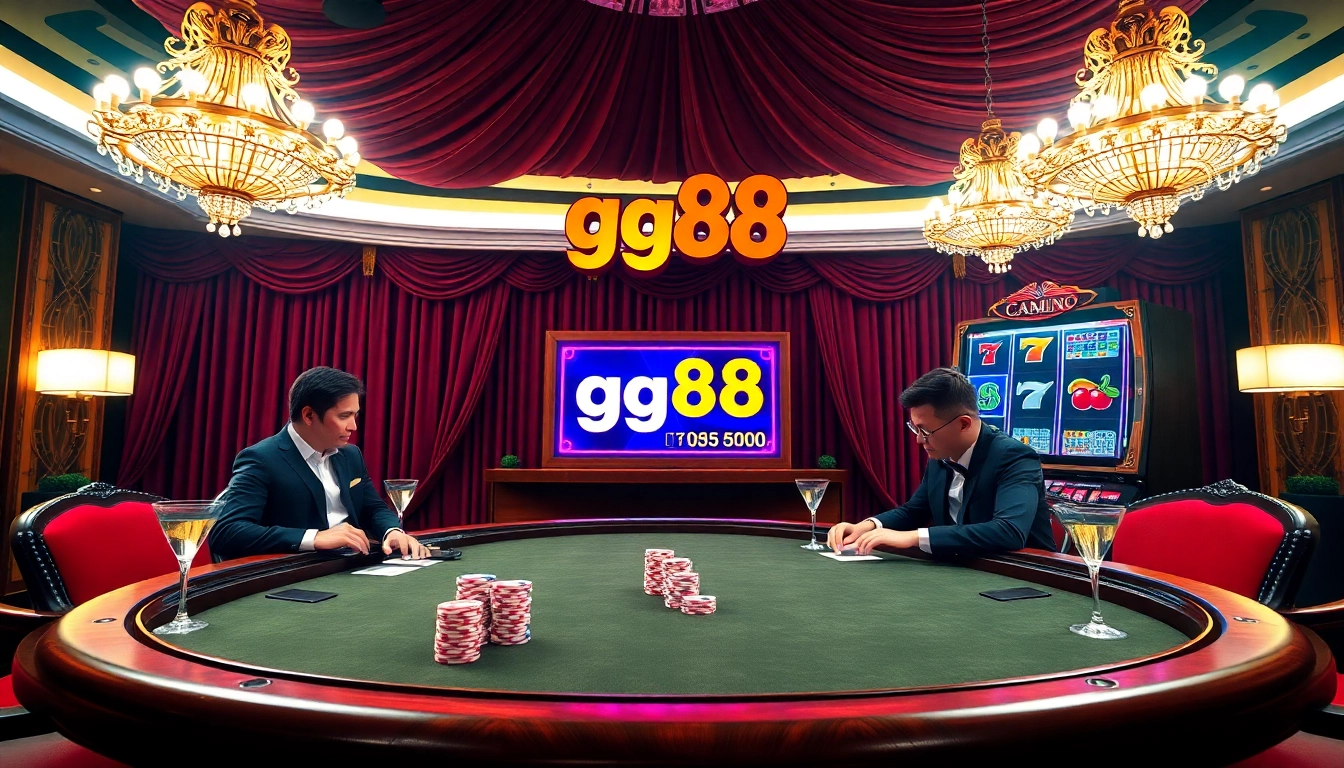 Experience the thrill of gg88 in a luxurious casino with poker chips and a vivid slot machine.