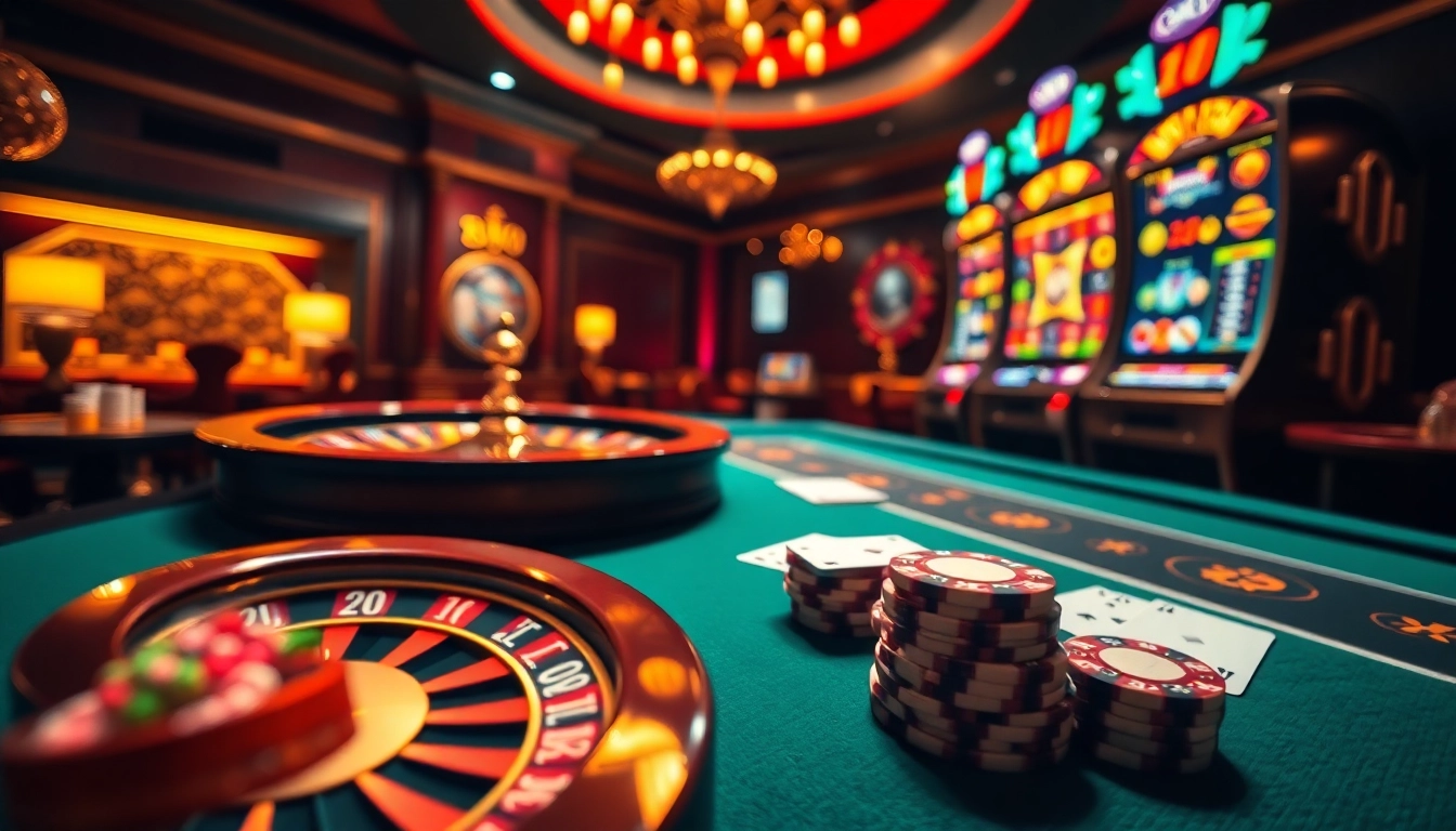 Experience the excitement of indoxxi with vibrant casino elements, including a roulette wheel and poker table.