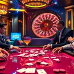 Players engaging in a high-stakes poker game featuring MMOO chips under vibrant casino lights.