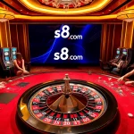 Engaging casino scene featuring s8 com logo, vibrant tables, and lively gamblers.