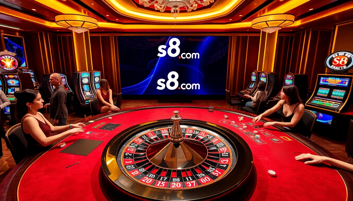 Engaging casino scene featuring s8 com logo, vibrant tables, and lively gamblers.