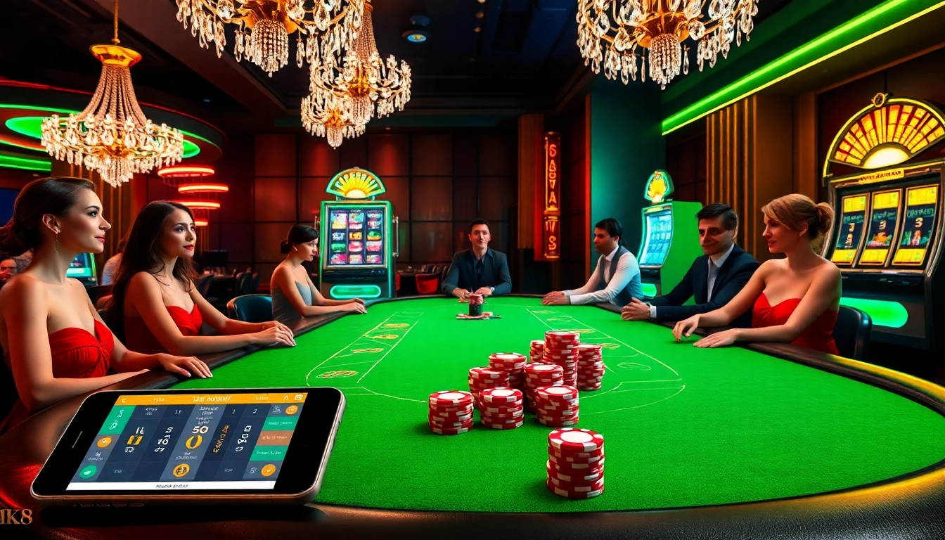 MK8 betting excitement at a luxurious casino poker table with vibrant chips and players.
