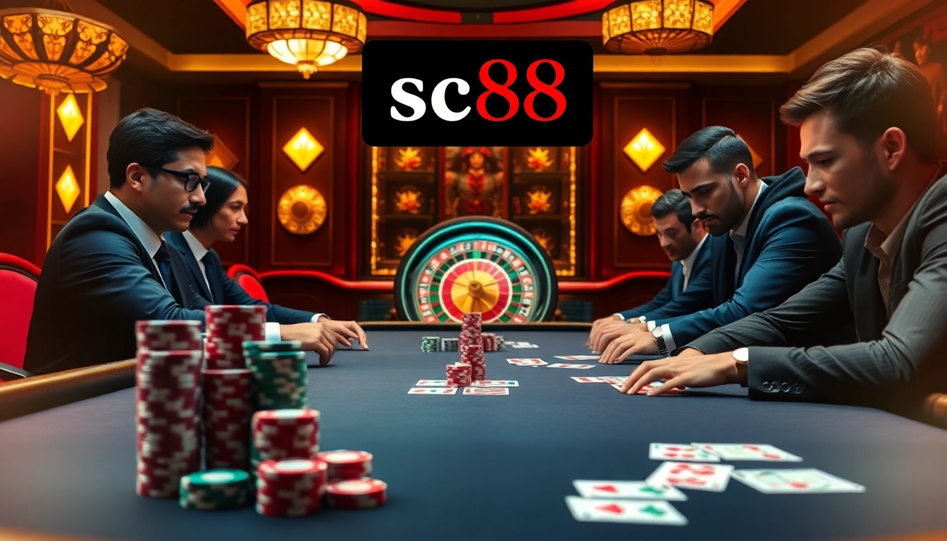 Players strategizing in a high-stakes poker game at the sc88 casino with vibrant chips and cards.