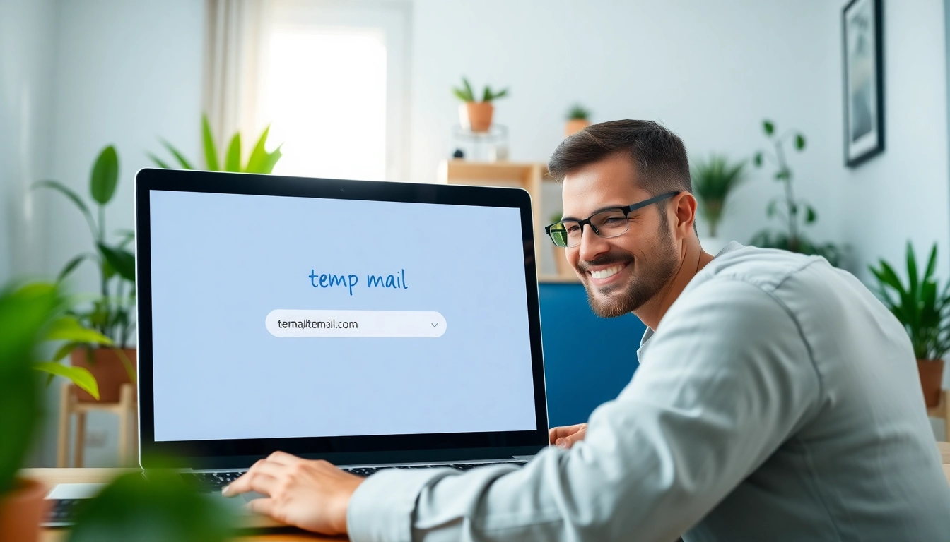 Receive emails securely with temp mail free temporary email service on a laptop in an inviting home office.