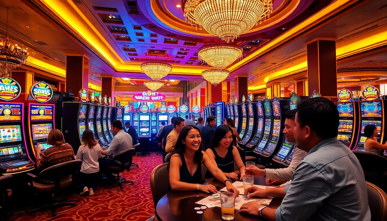 Rasakan kegembiraan slot deposit pulsa tanpa potongan di kasino yang meriah dengan pemain dan mesin-mesin berwarna.