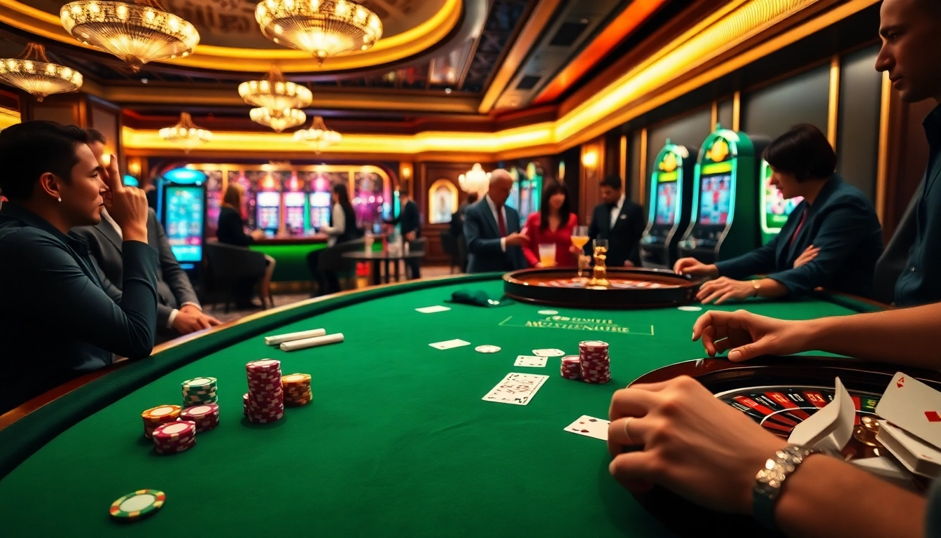 The Hidden Wiki on a vibrant casino scene where players enjoy gambling tables, showcasing excitement and luxury in poker and roulette.