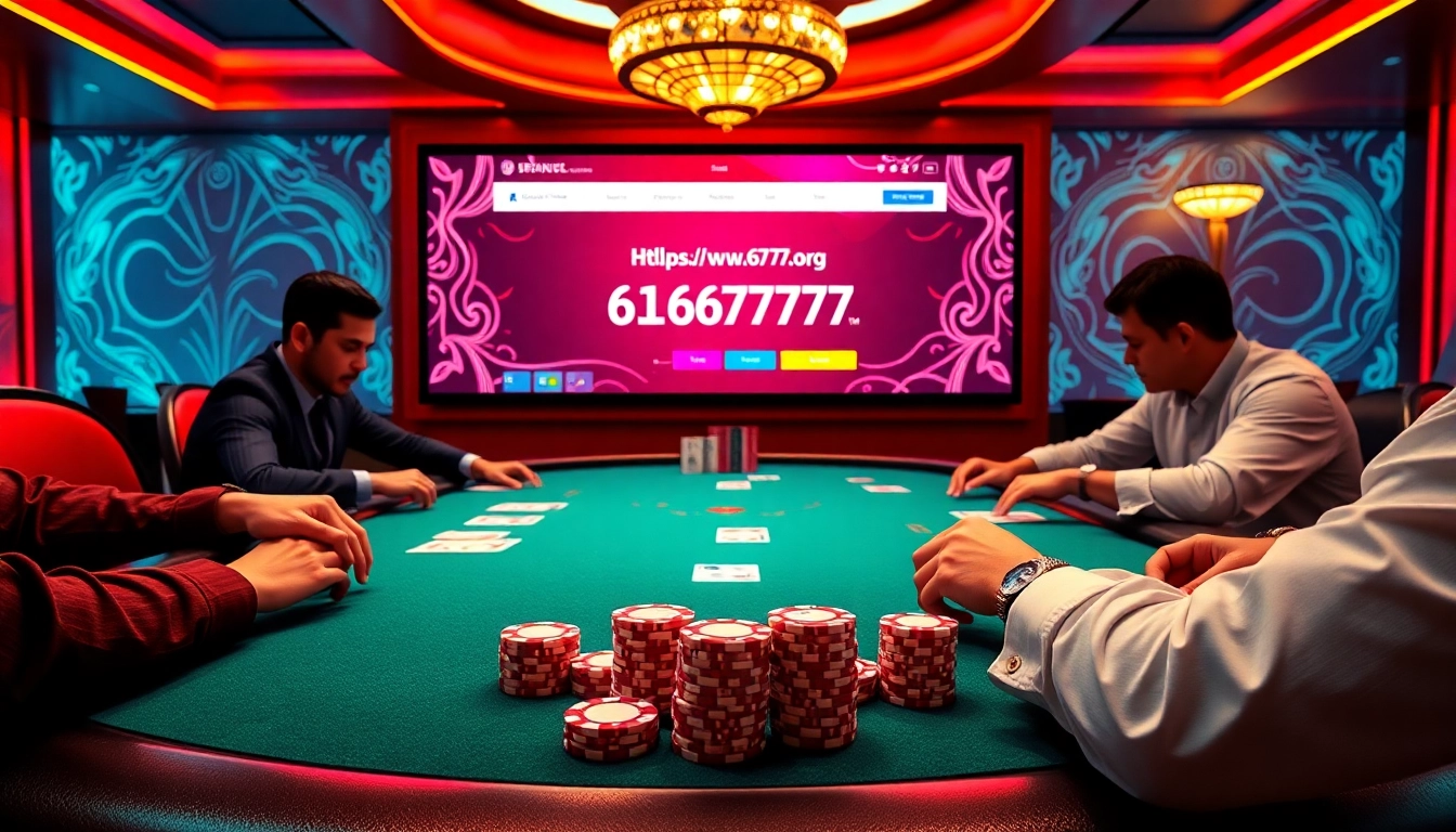 Experience high-stakes poker action at https://www.6l777.org/ with vibrant cards and chips in a luxurious casino.
