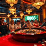 Players enjoy excitement at u 888 casino with roulette, chips, and vibrant gaming atmosphere.