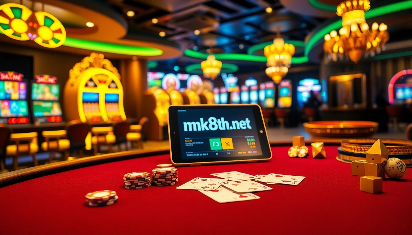 Players enjoying an engaging game environment at mk8th.net casino, filled with vibrant slot machines and poker tables.