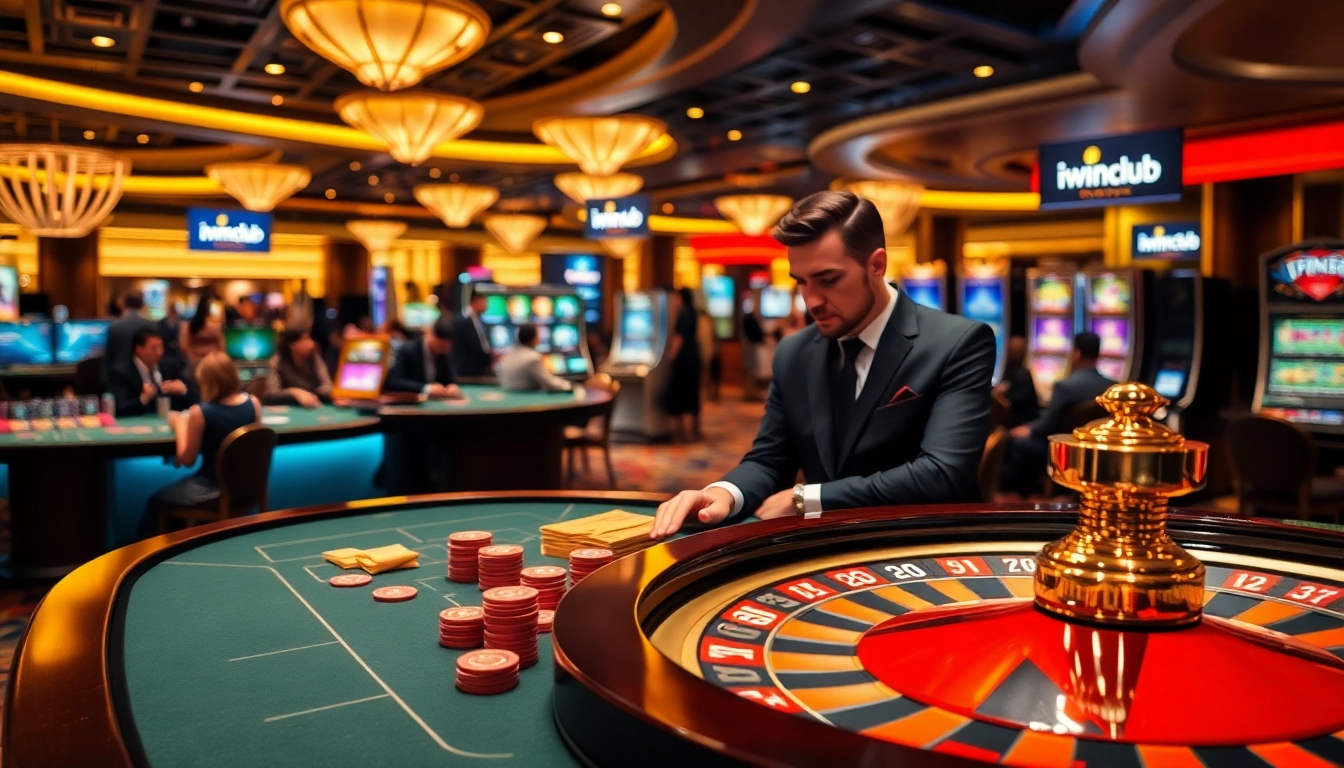 Players enjoying thrilling table games and slots at iwinclub casino, emphasizing excitement and luxury.