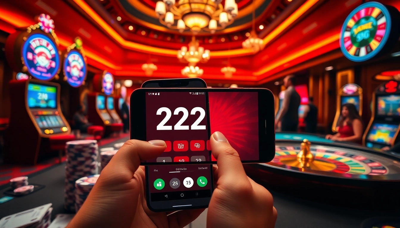 The 222bd app displayed on a smartphone surrounded by vibrant casino elements, showcasing online gambling excitement.