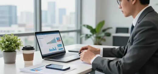 Consultor financiero analizando tendencias de pago etb en una oficina moderna.